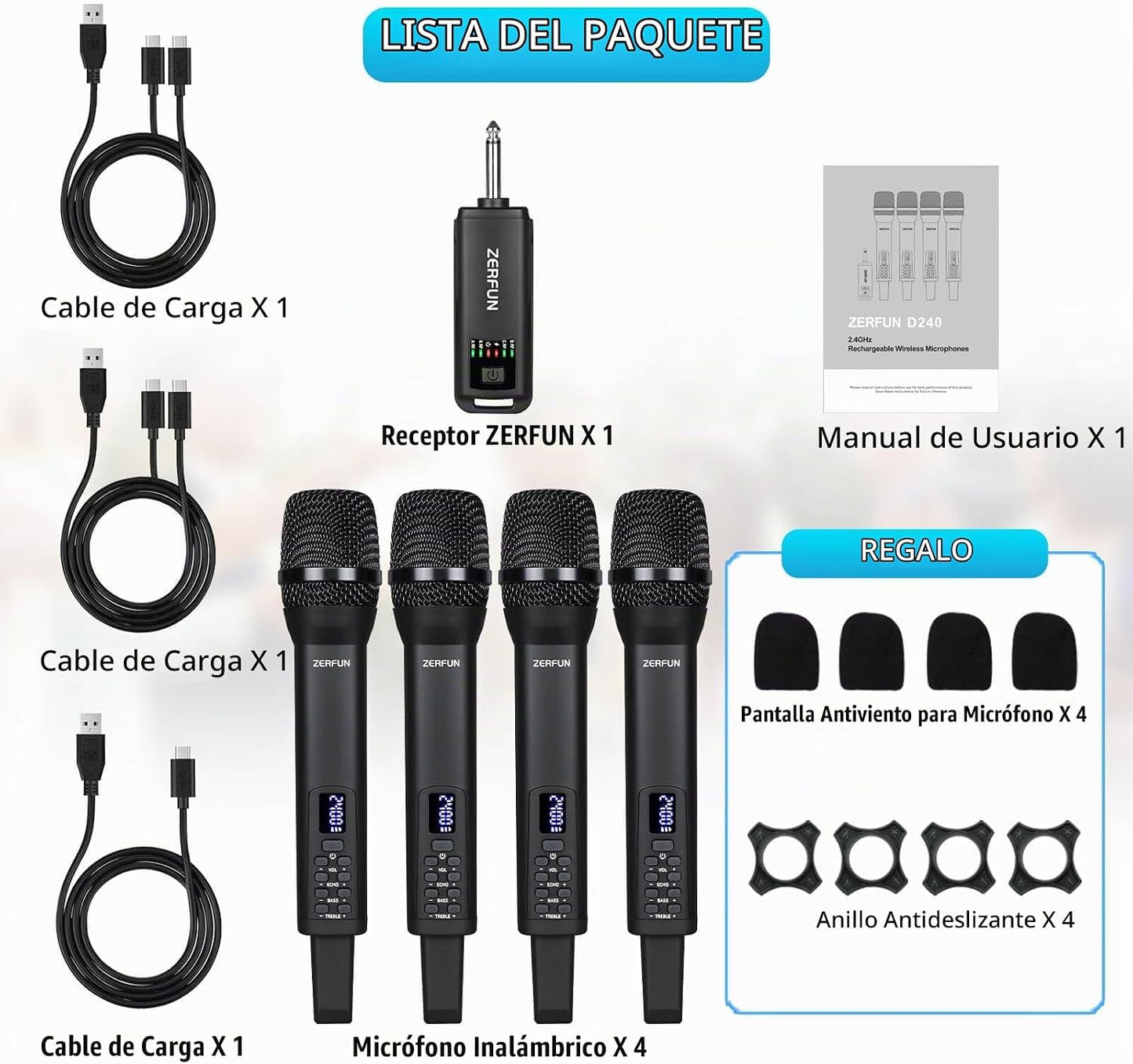 ZERFUN 4 Micrófonos Inalámbricos Recargables, Sistema de Micrófonos...