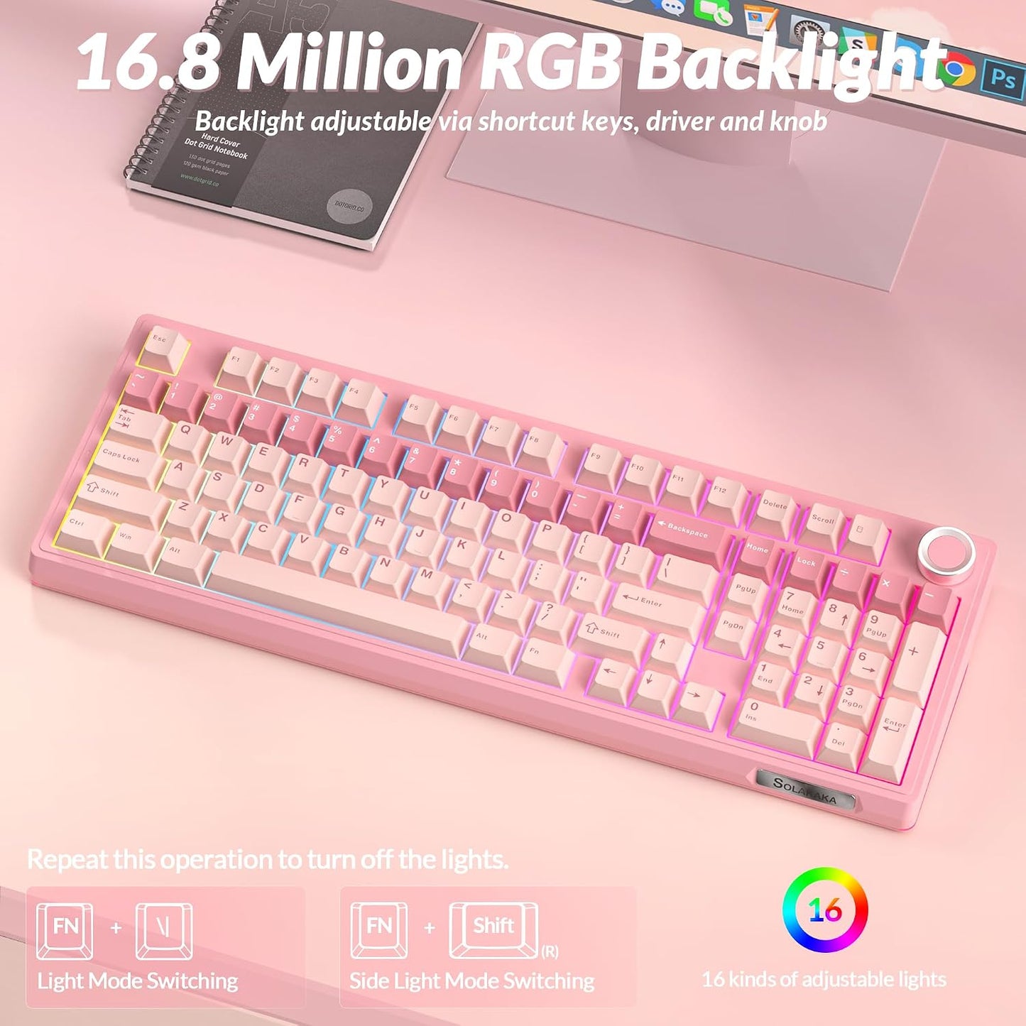 SOLAKAKA Teclado mecánico inalámbrico KI99 Pro 96% (rosa, interrupt...