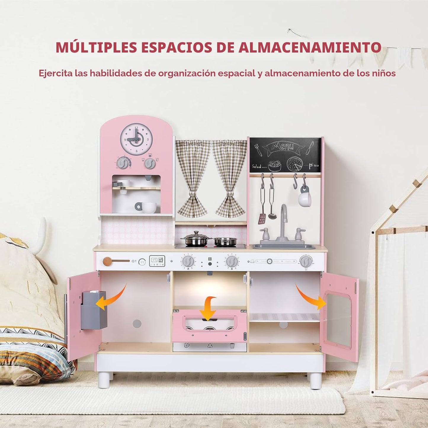 EDUBEBO Juego de cocina para niños, cocina de juego de madera, altu...