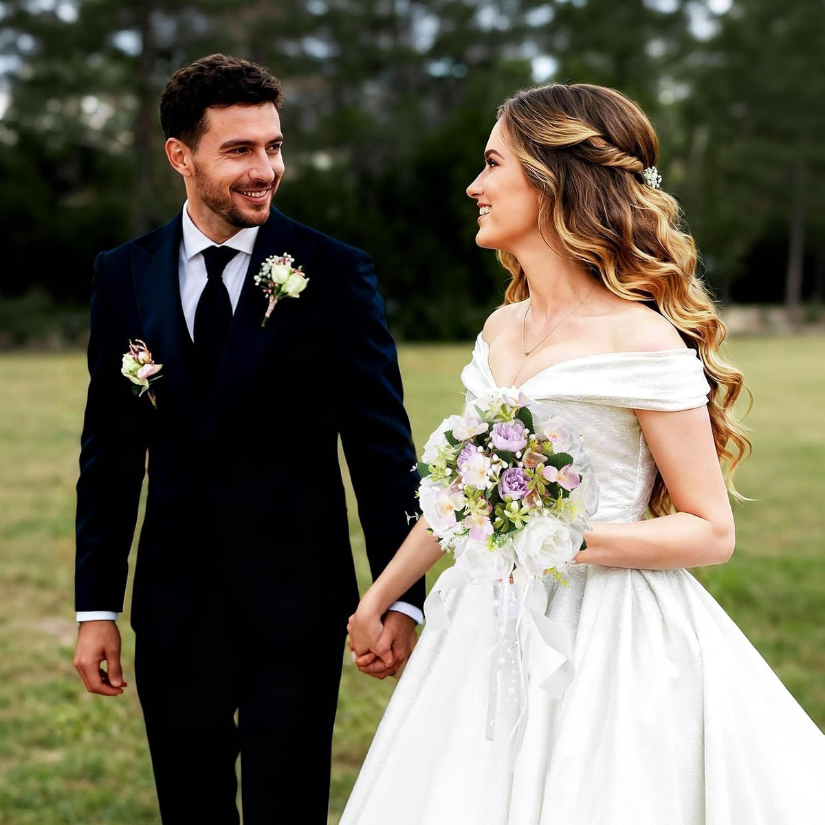 Qeedy - Ramos de boda para novia, rosas artificiales de seda de 8 p...