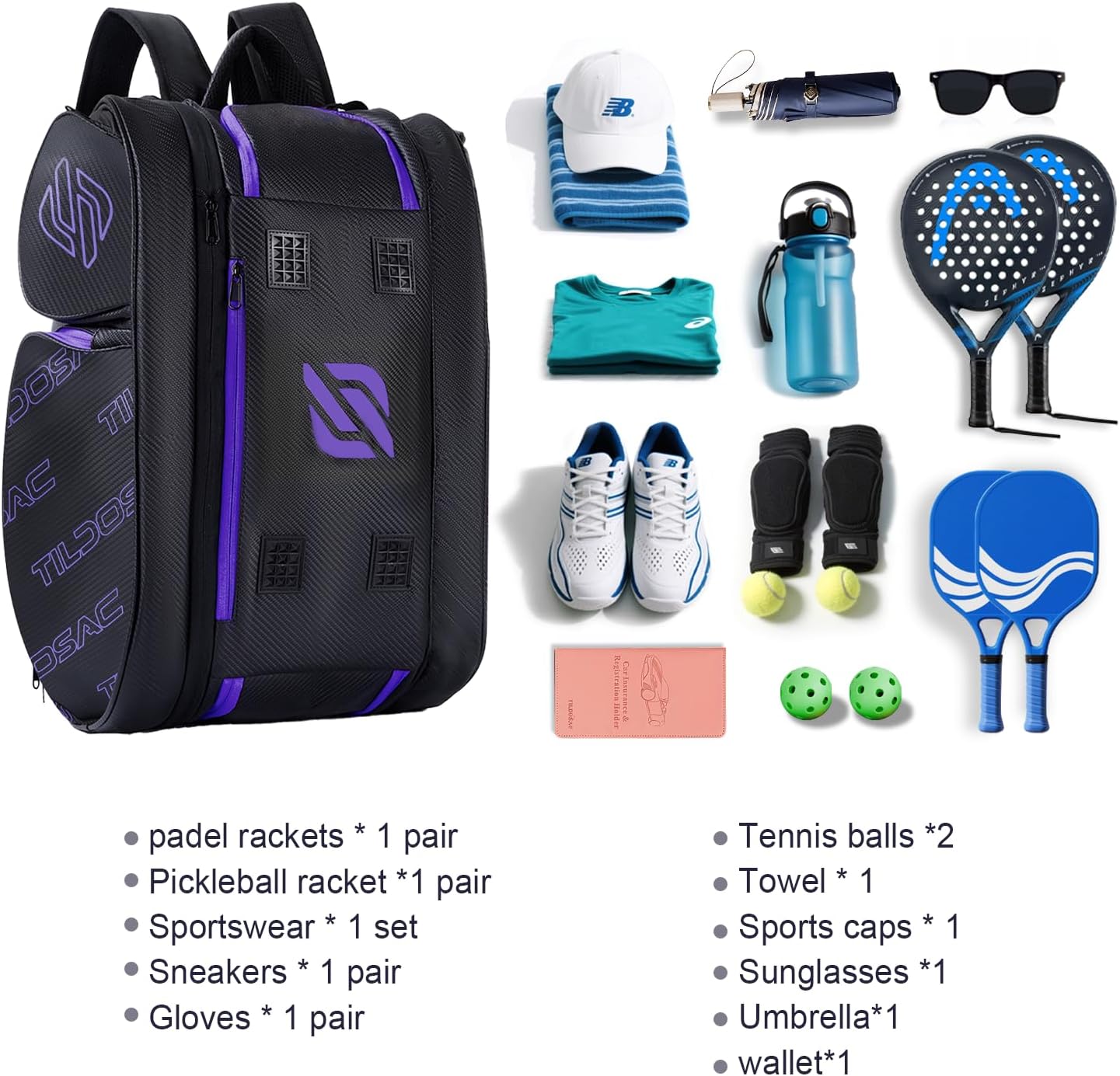 TILDOSAC Bolsa desmontable 2 en 1 para pickleball y pádel para homb...