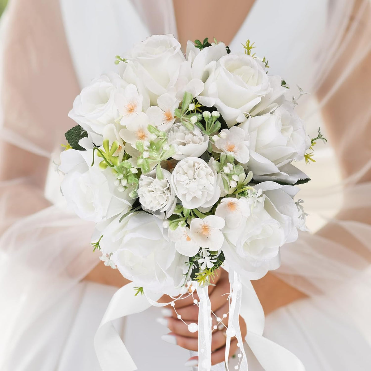 Qeedy Ramo de boda para novia, rosas artificiales de seda de 8 pulg...