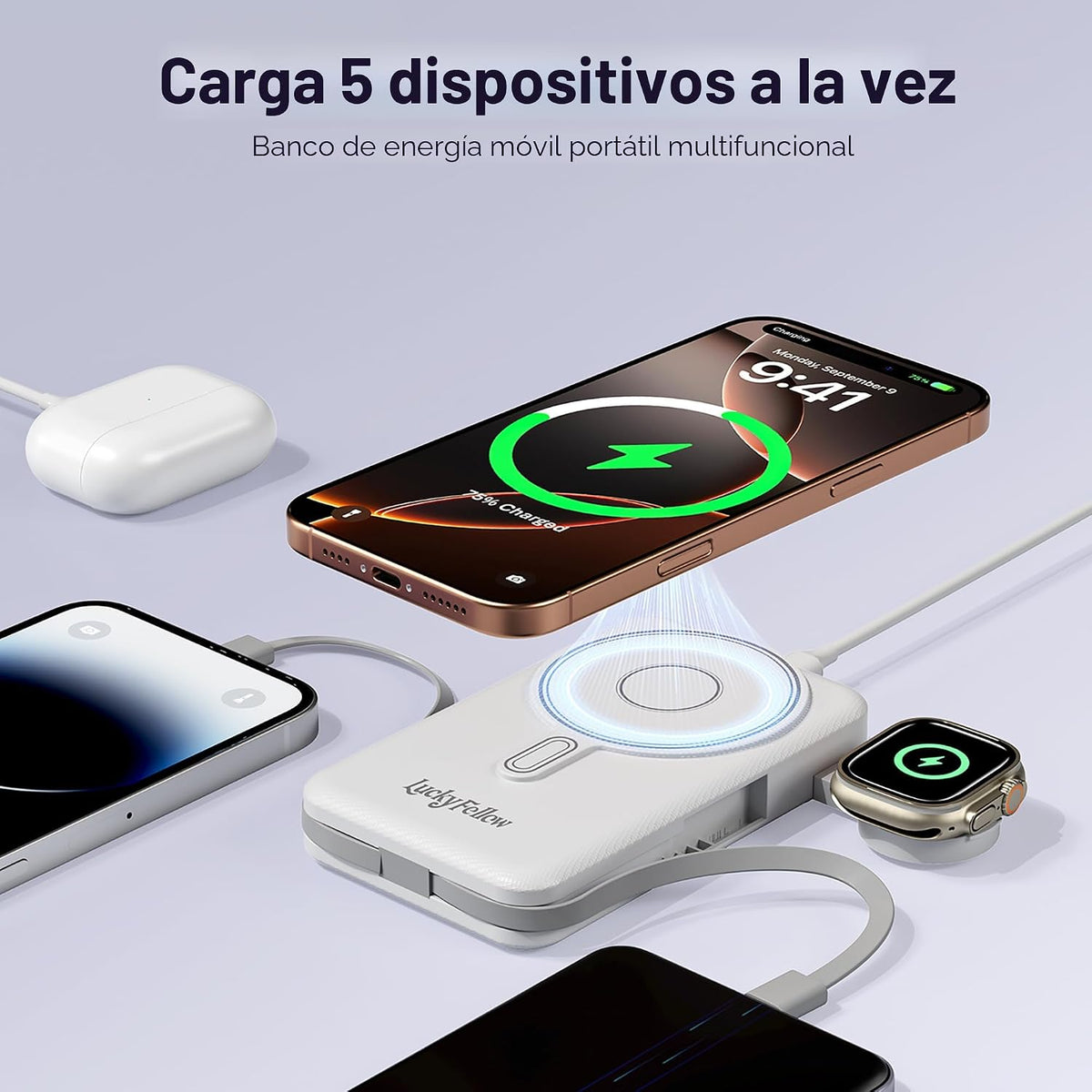 Cargador Portátil Magnético con Cables Integrados, Estación de Carg...