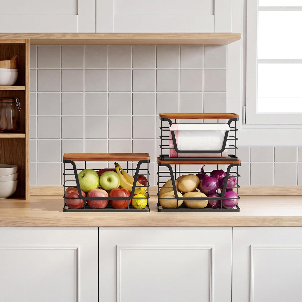 ALOCEO Paquete de 3 cubos de almacenamiento apilables con tapas, di...