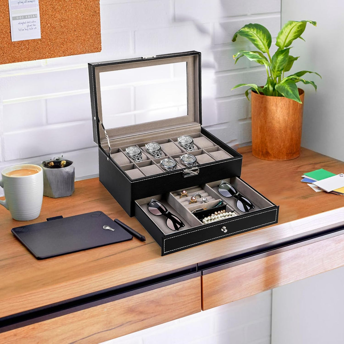 Tebery Caja de reloj de 12 ranuras con tapa de cristal, 2 capas de...