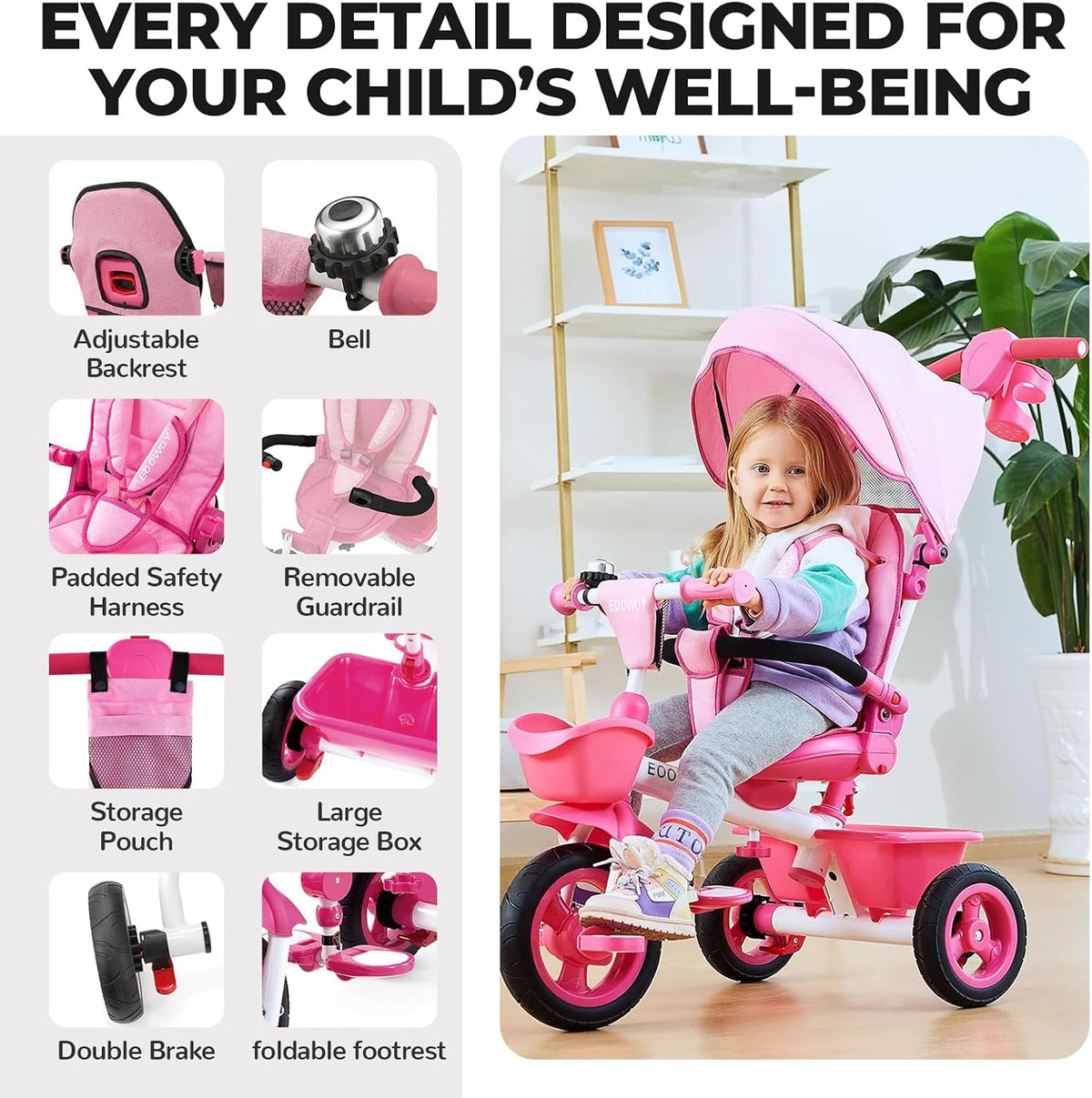 EOOWOY Triciclo para niños pequeños con mango de empuje, triciclo c...