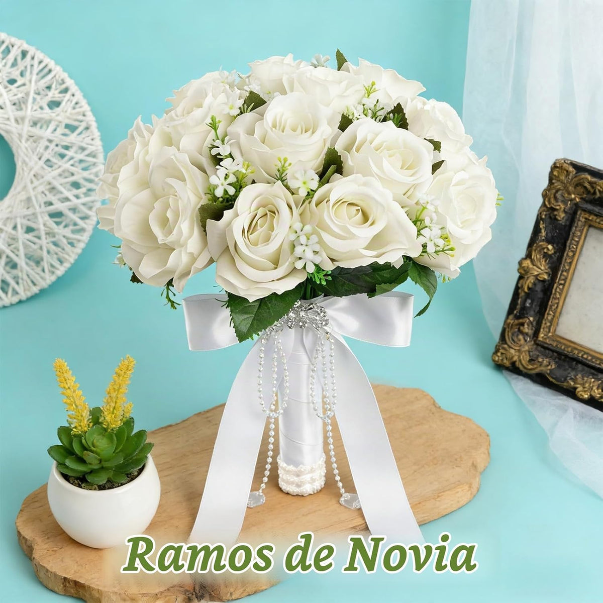 Wowagoga Ramo de boda de 12 pulgadas con cintas de cristales de per...