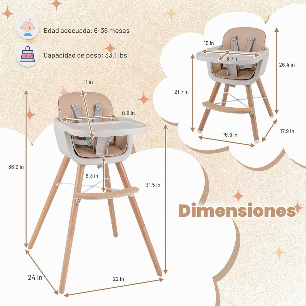 HONEY JOY Silla alta para bebé, silla alta 6 en 1 de madera Eat &am...
