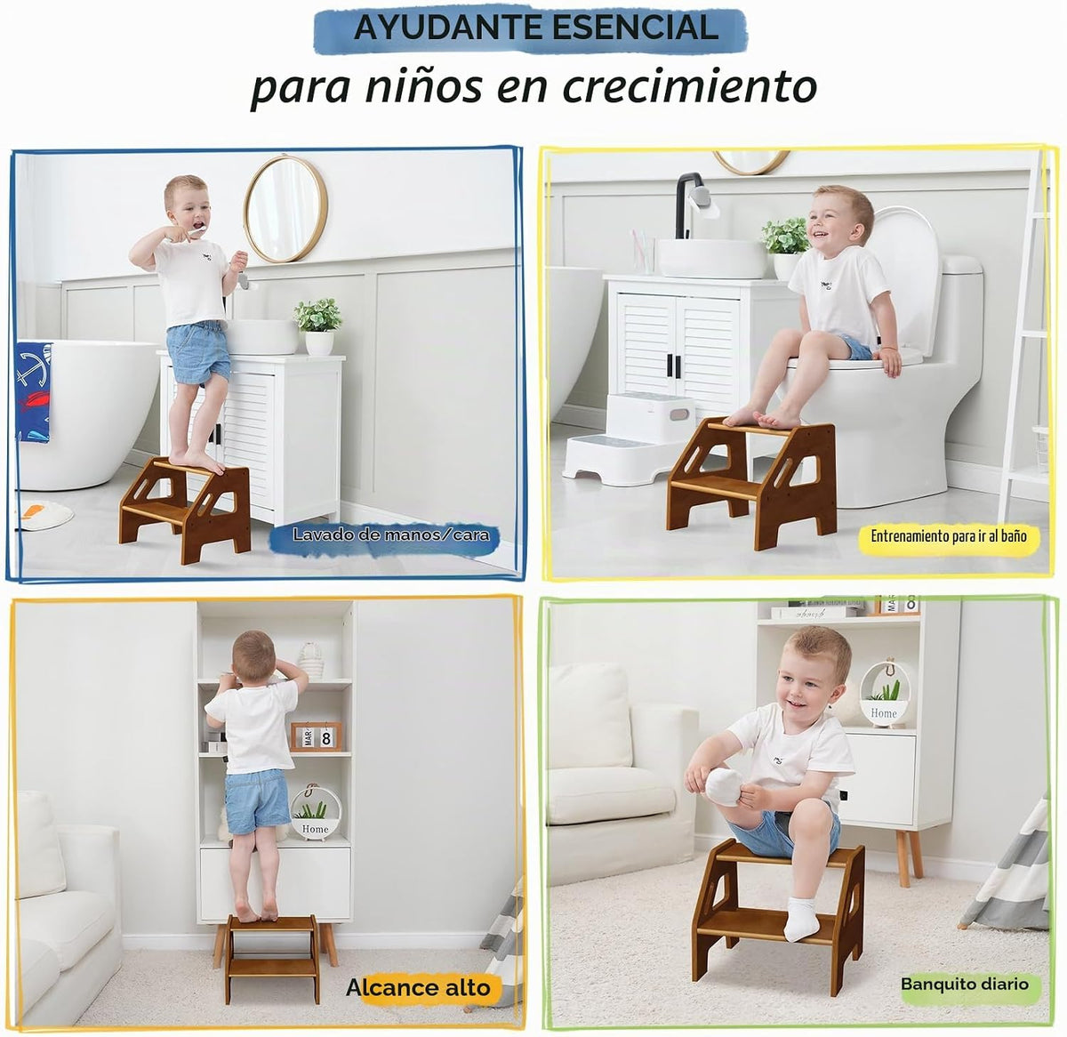 Harwaya Taburete de madera para fregadero de baño, taburete para ni...