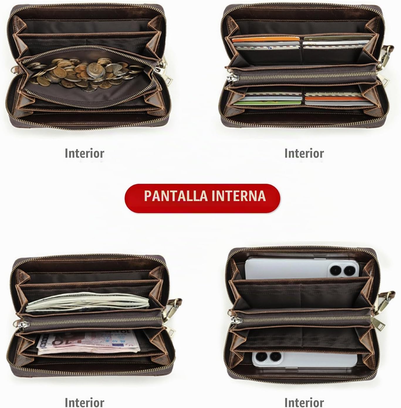 Cartera de mano de piel auténtica aceitada de grano superior para h...