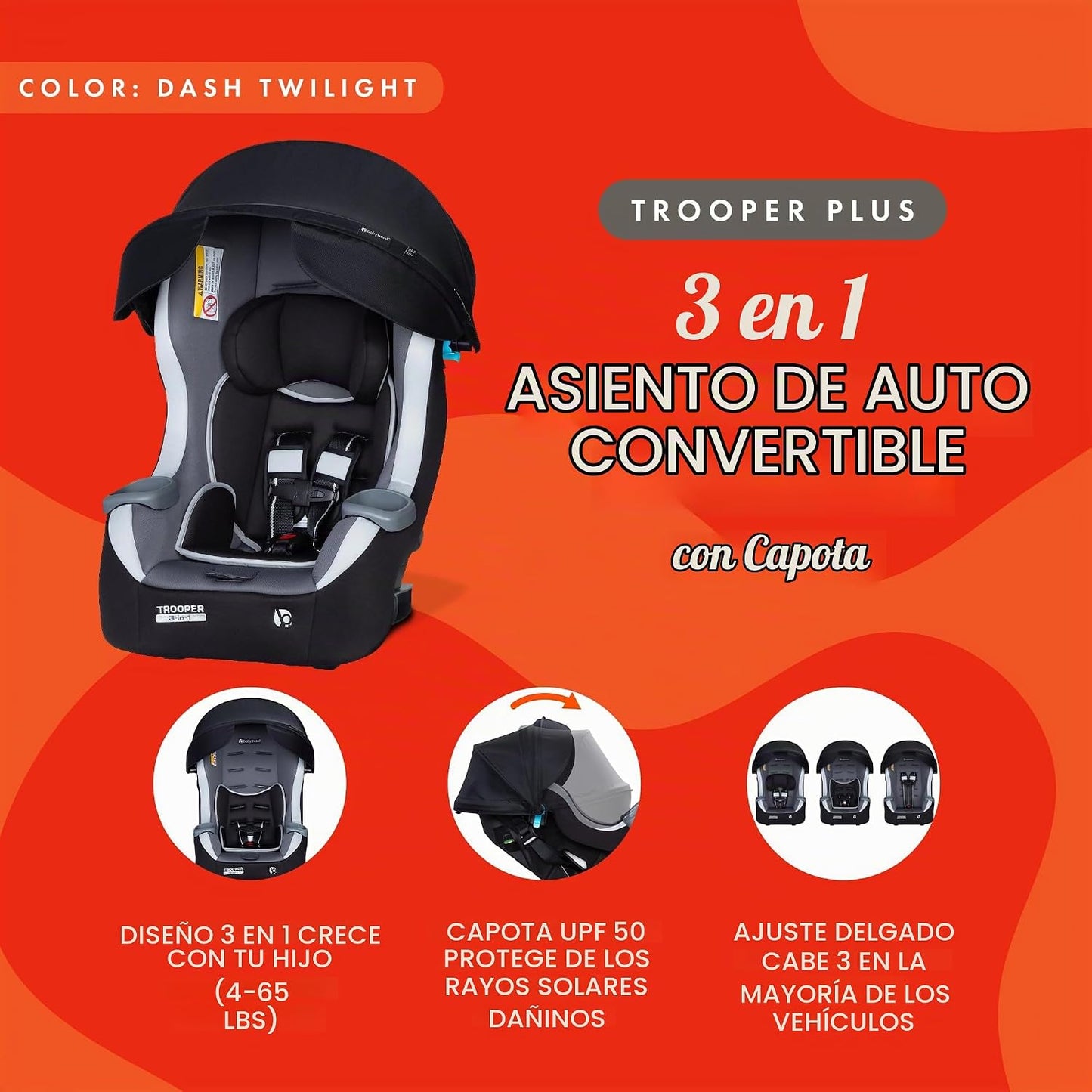Baby Trend Trooper Plus - Asiento convertible 3 en 1 para automóvil...