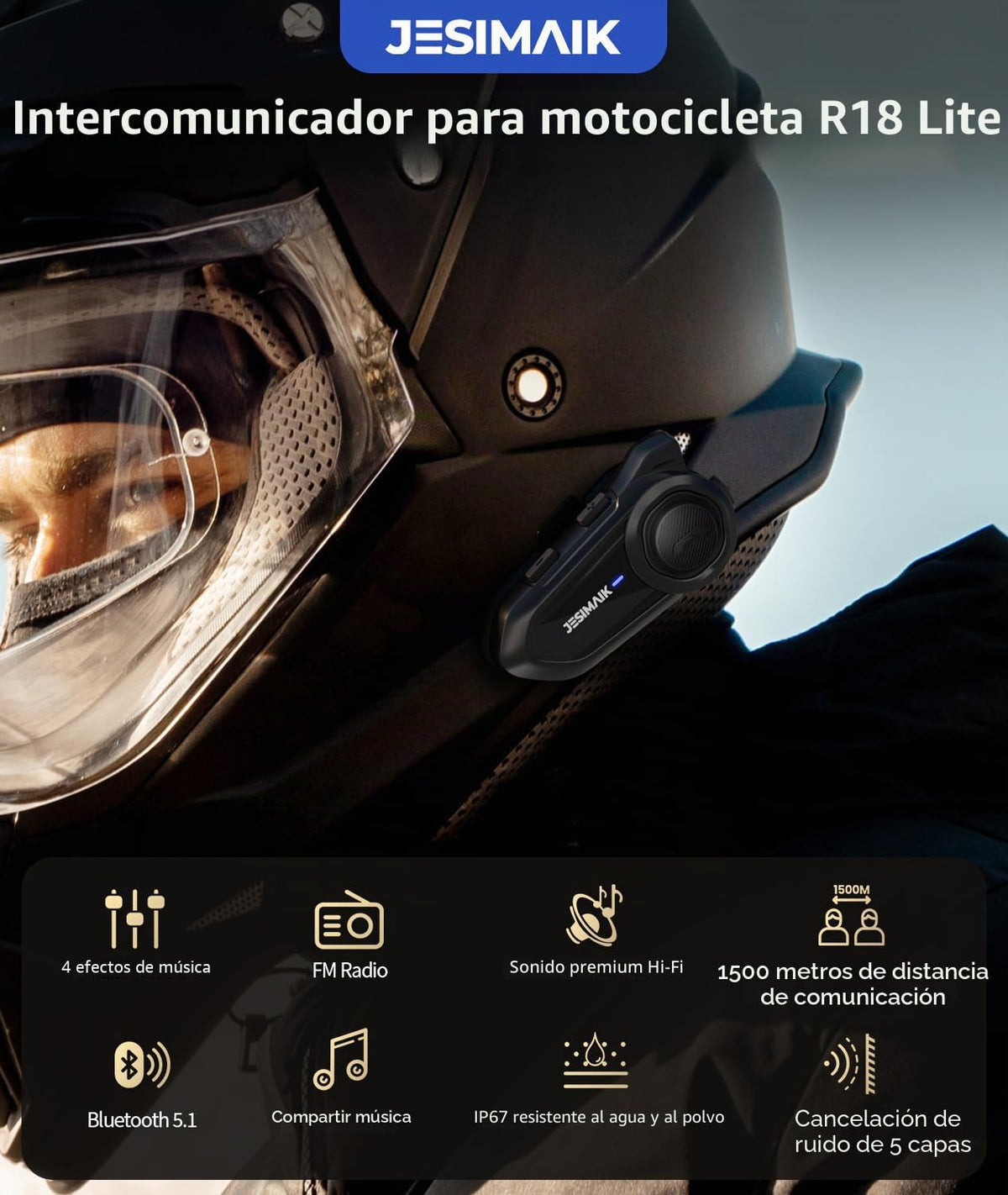 JESIMAIK Auriculares Bluetooth para motocicleta, sistema de comunic...