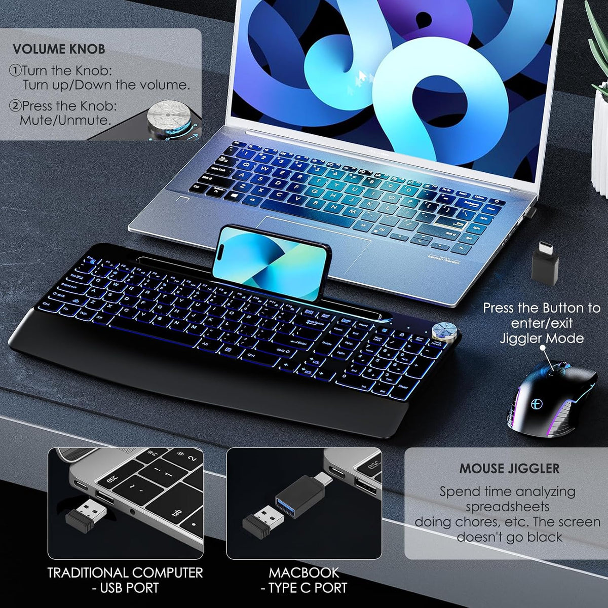 Teclado inalámbrico 2.4G con ratón, combo de teclado inalámbrico re...