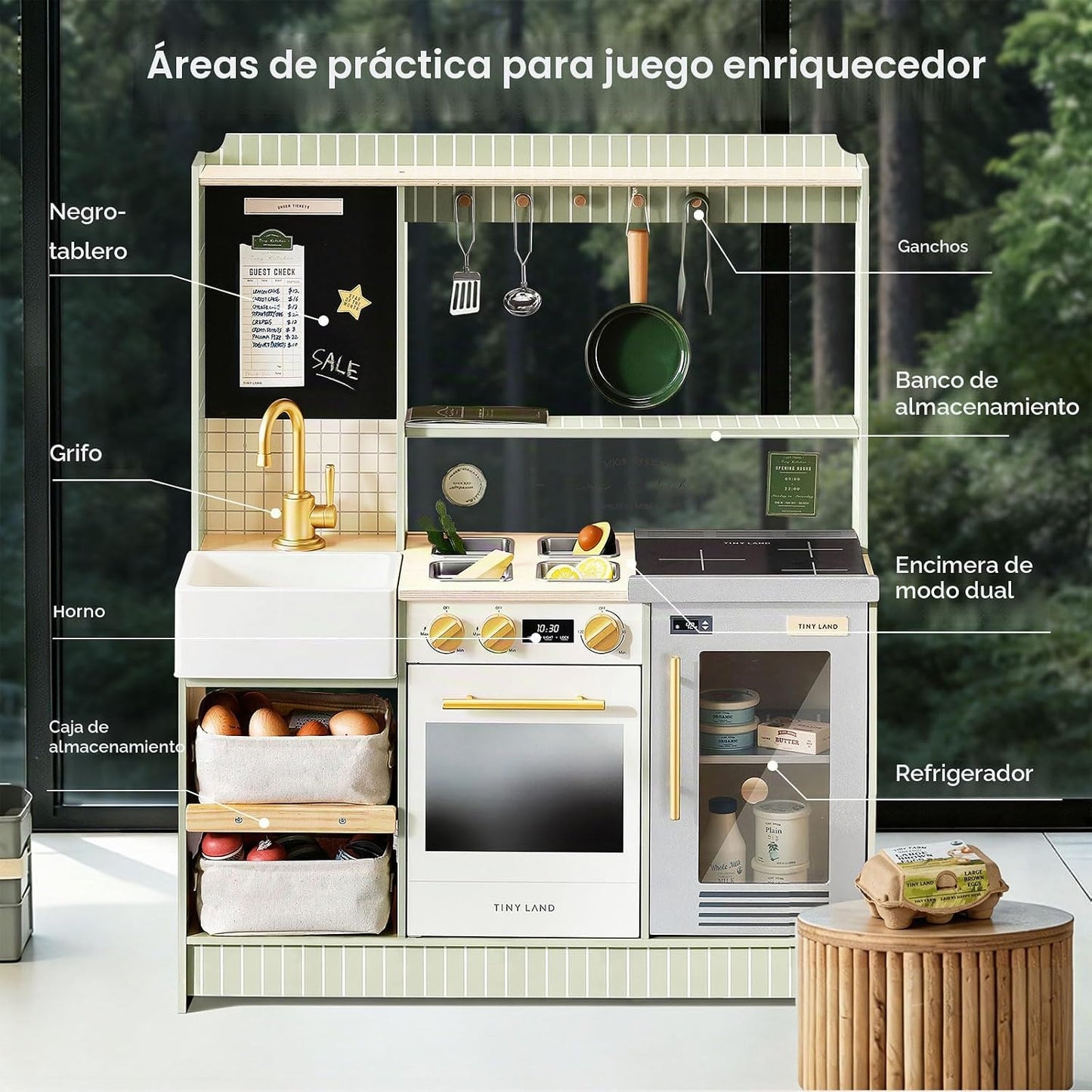 Tiny Land BistroSwitch - Juego de cocina de madera 2 en 1 con pizar...