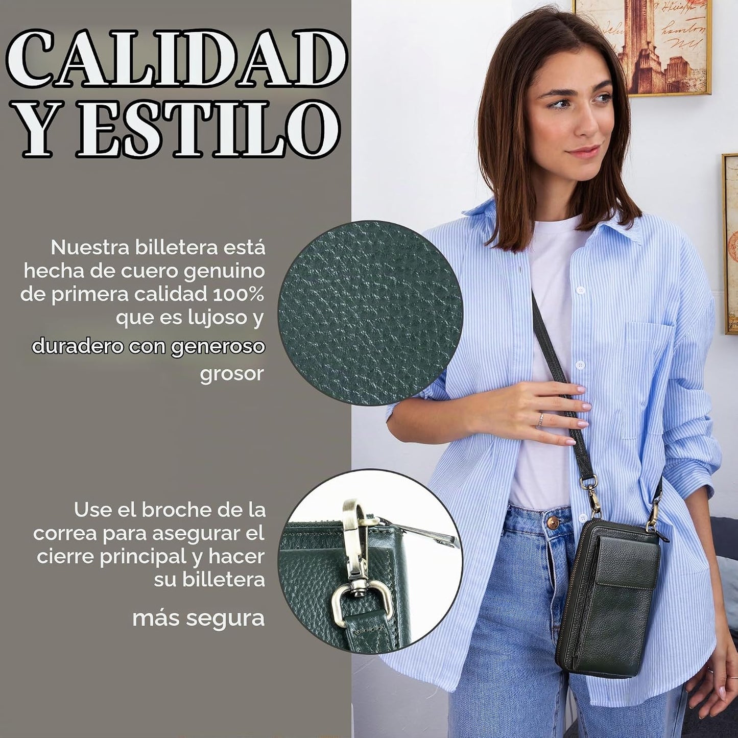 BULL GUARD Bolso de hombro de cuero con cartera para teléfono, anti...