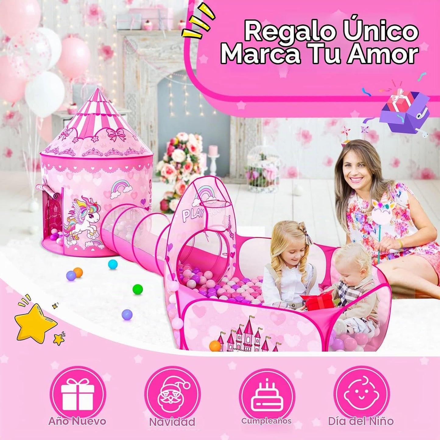 Tienda de campaña de 3 piezas para niñas con hoyo de bolas, túnel d...