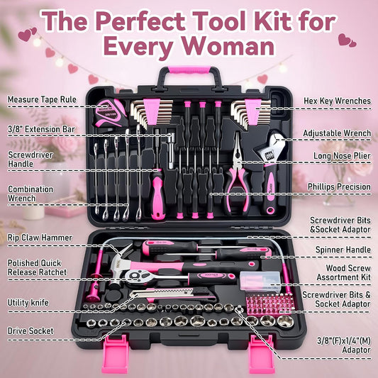 KOOPOOL Juego de herramientas rosa de 159 piezas, kit de herramient...