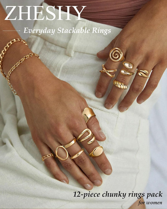 ZHESHY Anillos gruesos de oro para mujer, sin deslustre, chapados e...