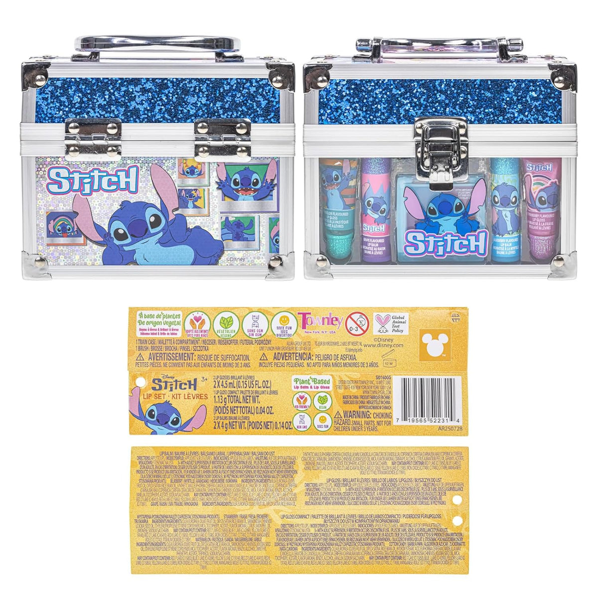 Disney Stitch Beauty Mini Train Case Set incluye tubo de brillo de...