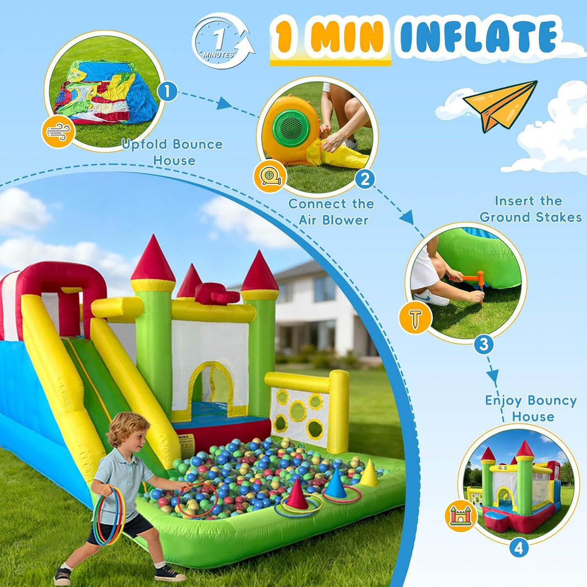 YARD Casa inflable de rebote para niños 3-6, 8 en 1 con tobogán, so...
