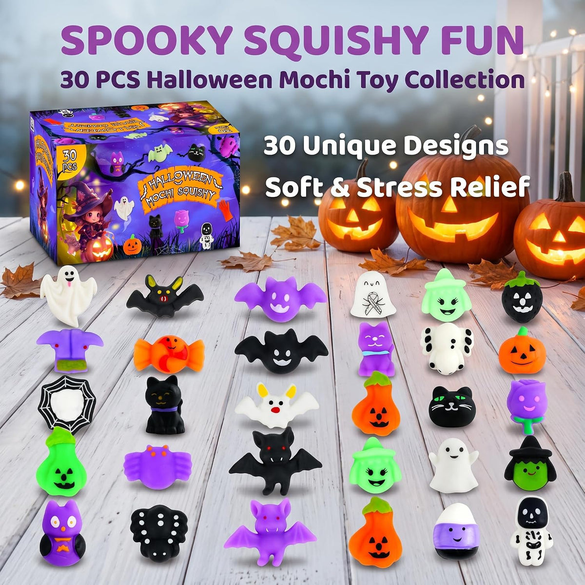 Paquete de 30 juguetes blanditos Mochi de Halloween, mini juguetes...