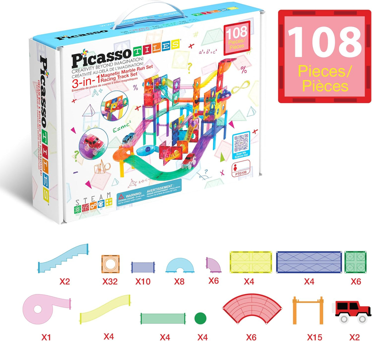 PicassoTiles PTG108 - Juego de 108 piezas de carreras con azulejos...