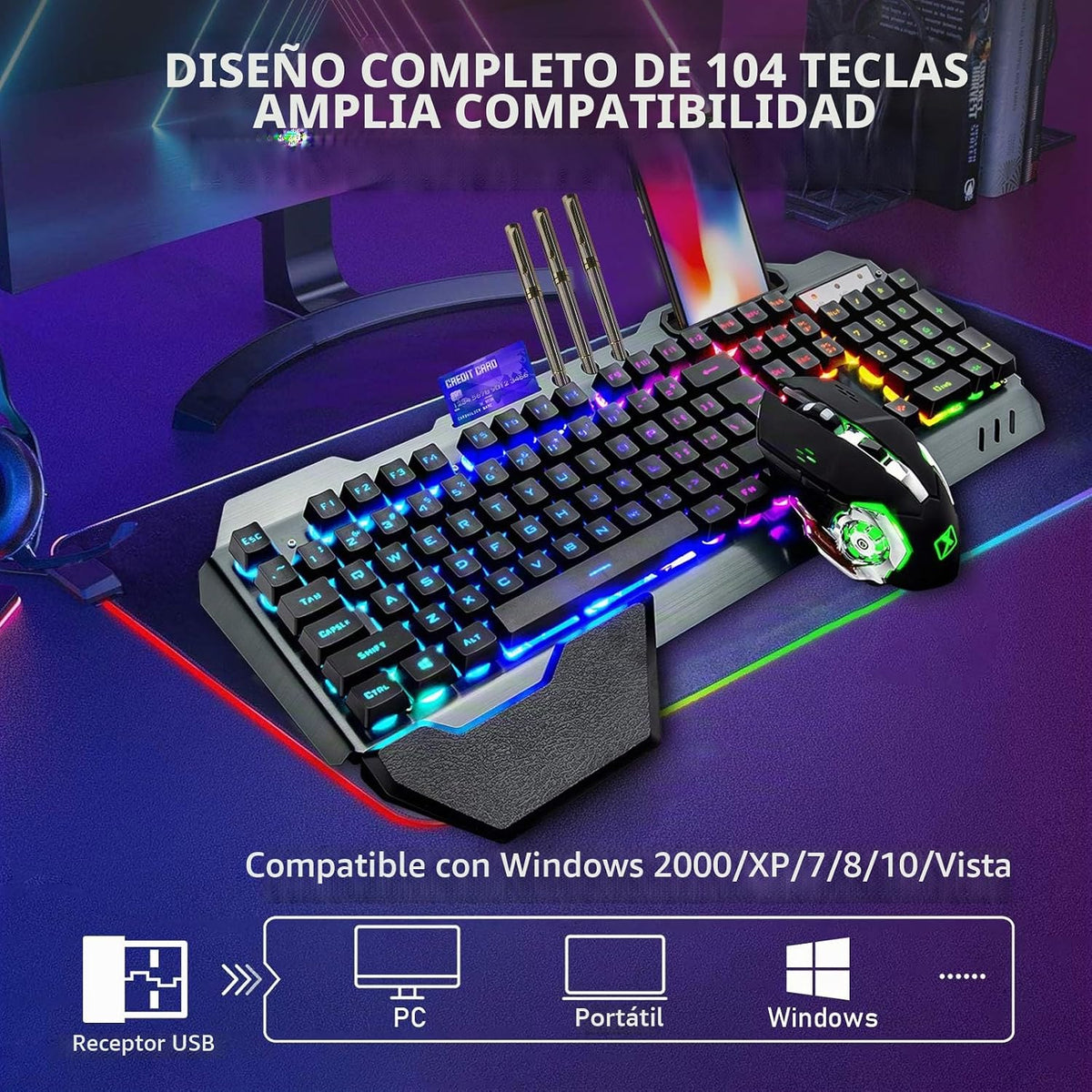 Teclado y ratón inalámbricos para juegos RGB con retroiluminación d...