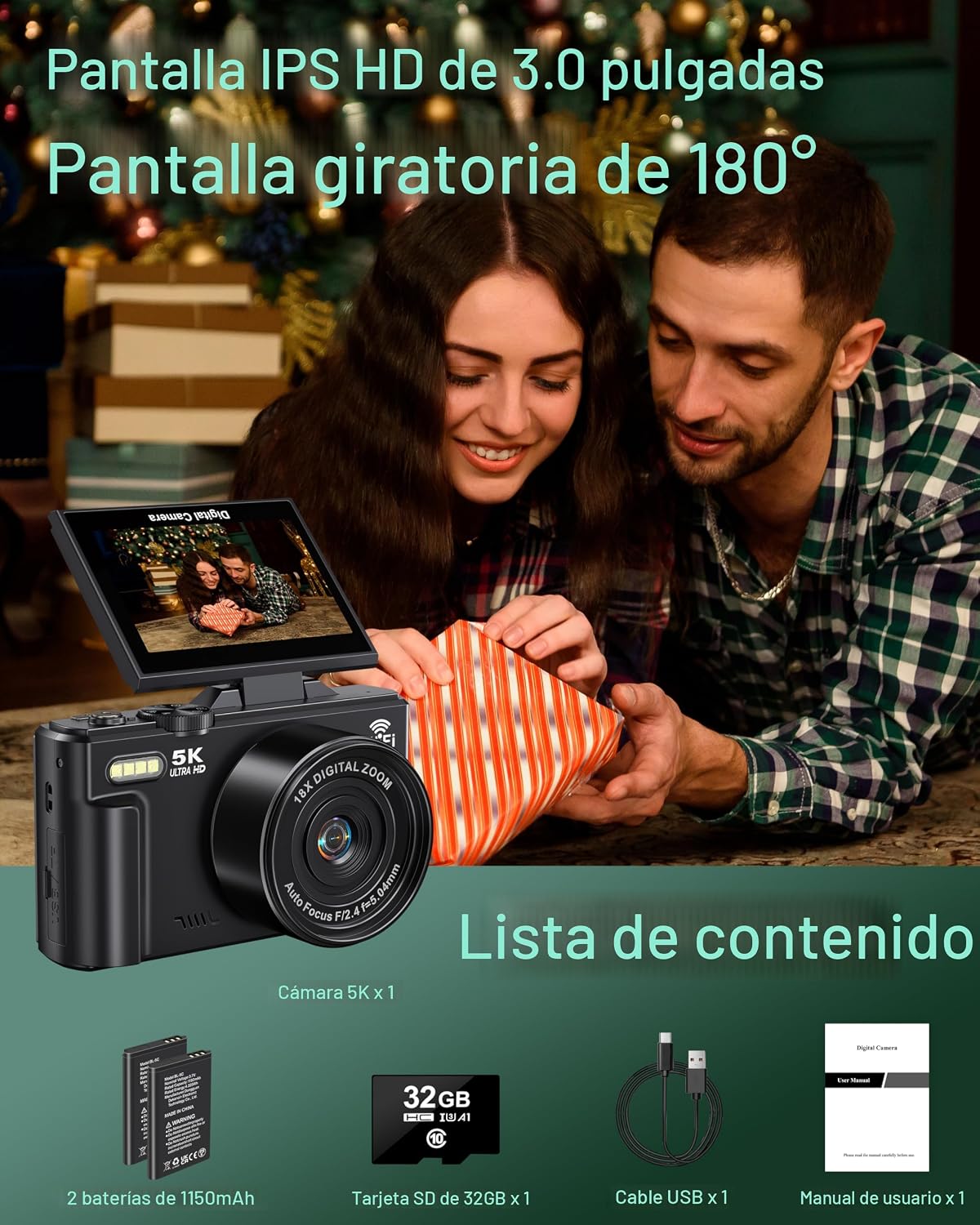 Cámara digital Cámaras WiFi 5K para fotografía 75MP UHD Autofocus V...