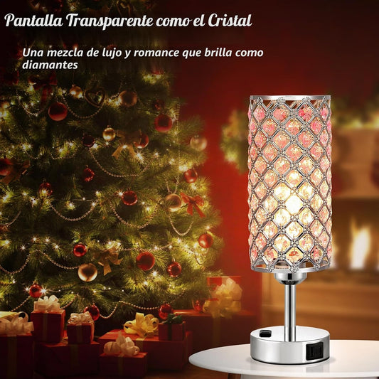 Juego de 2 lámparas de cristal rosa, lámpara táctil regulable de 3...