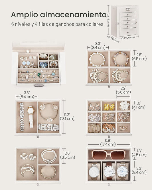 SONGMICS UJBC152W01 Caja organizadora de joyería de 6 capas con 5 c...