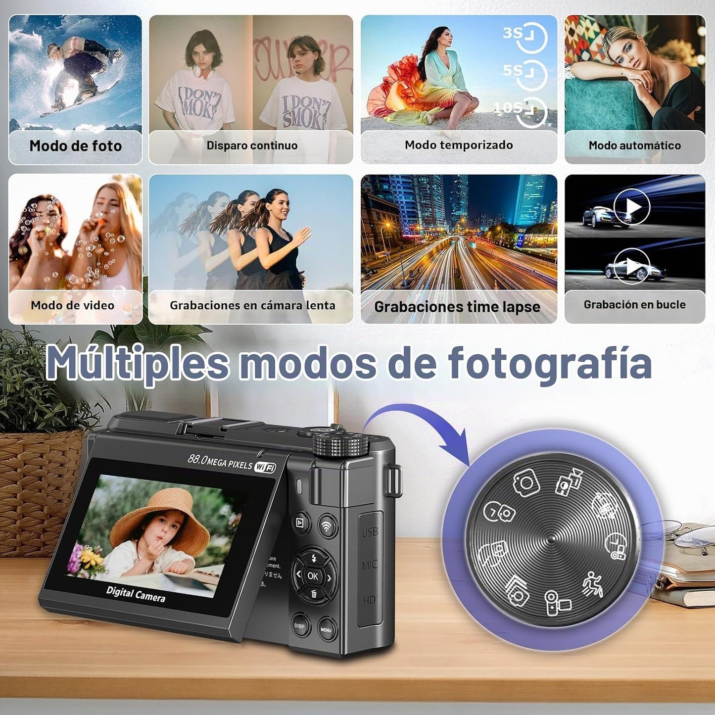 Cámara digital 8K para fotografía, cámara de vlogging de enfoque au...