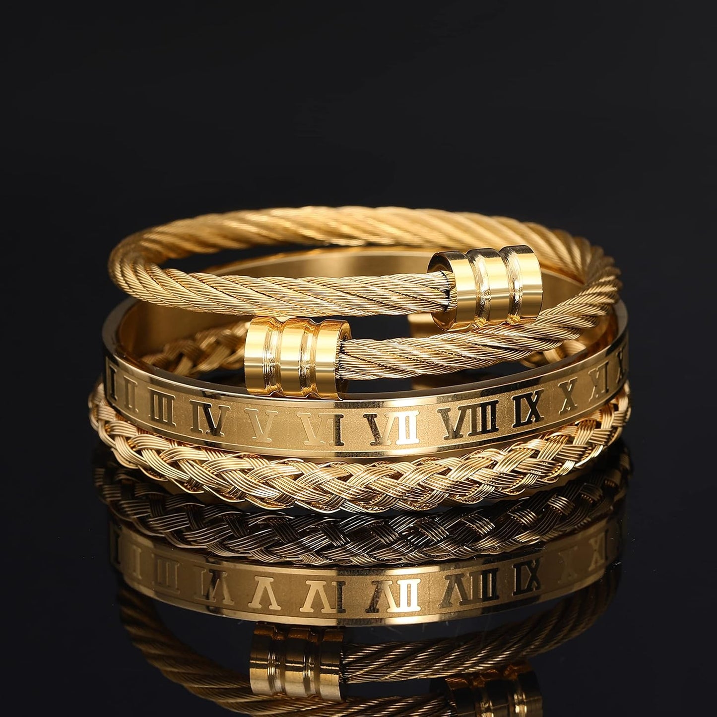 WFYOU 3 pulseras de acero inoxidable para hombres, pulseras de oro...