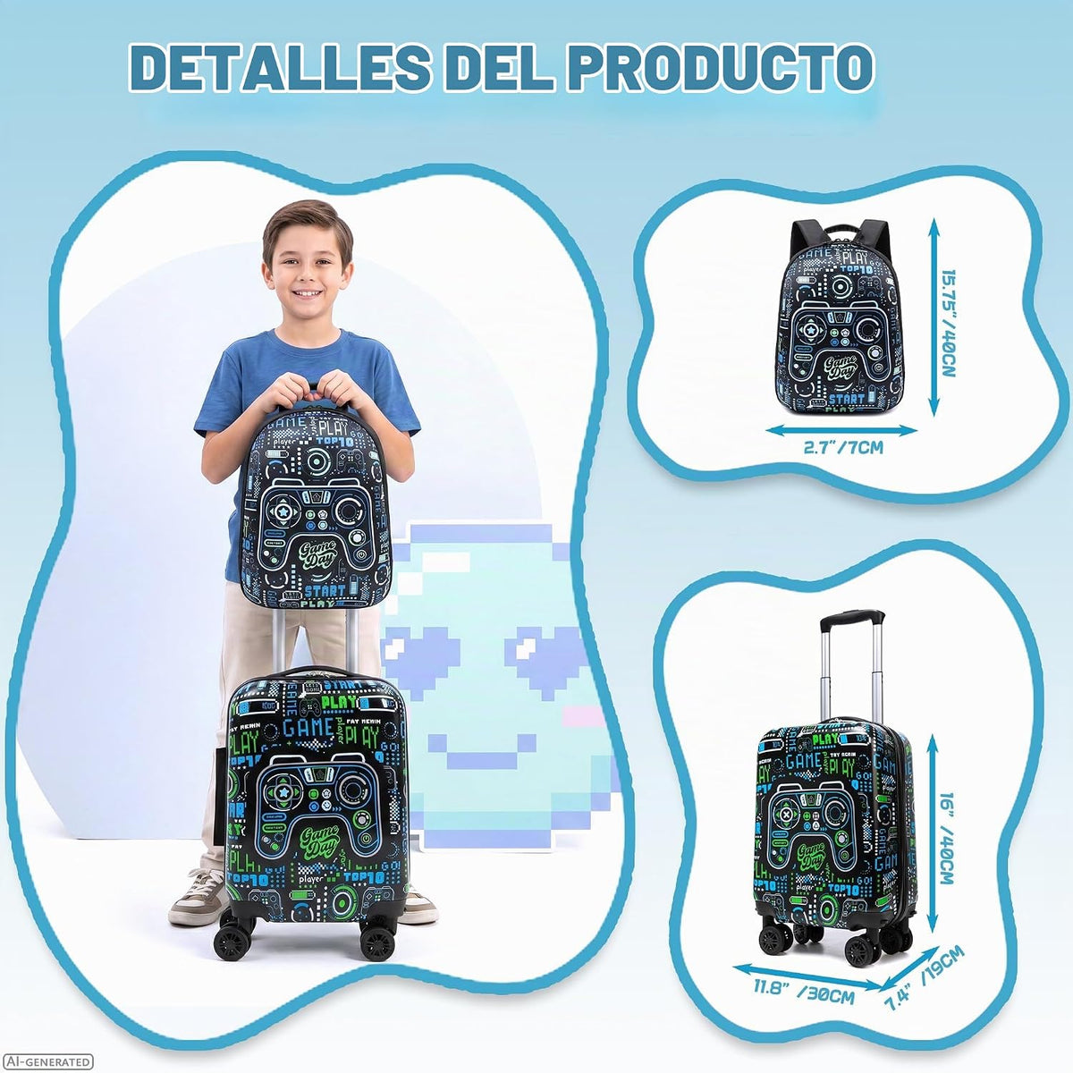 Esteemly Juego de equipaje para niños, 4 piezas, 16 pulgadas, rueda...
