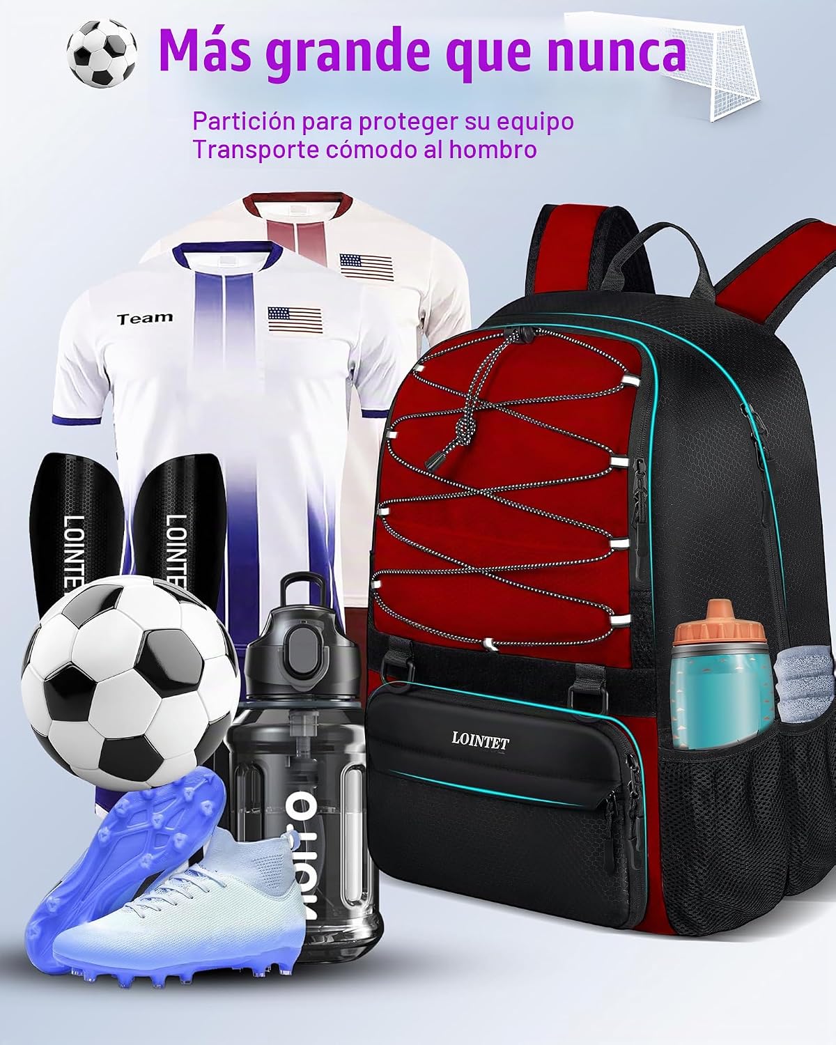 LOINTET Bolsa de fútbol juvenil, mochila de fútbol con compartiment...