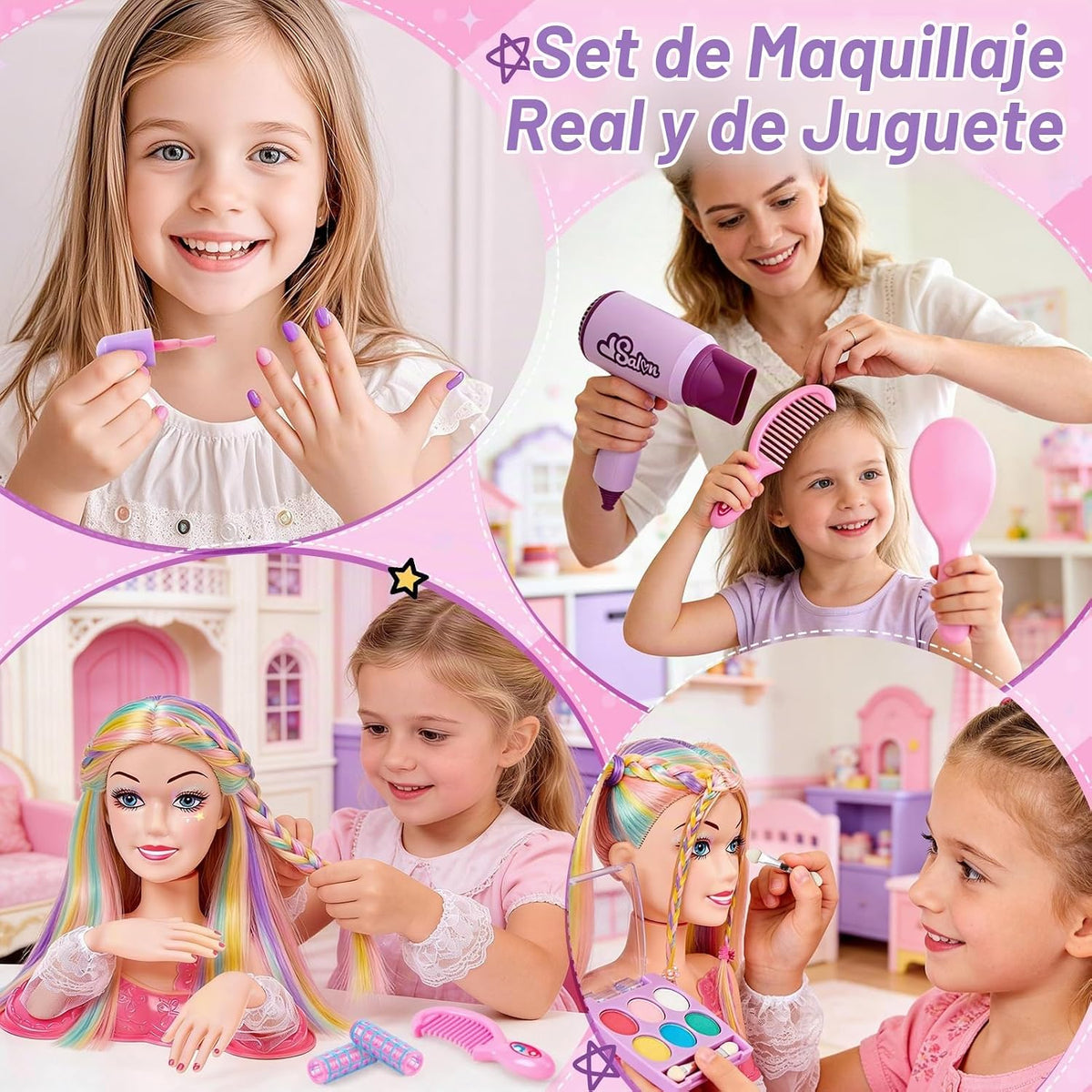 Toylink Cabeza de muñeca para peinar el cabello, kit de maquillaje...