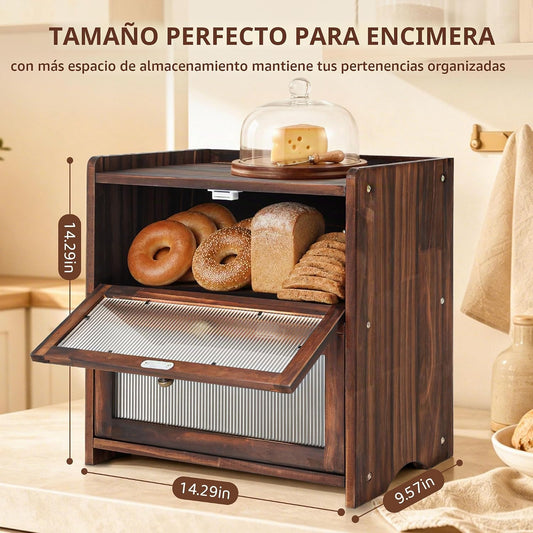 Luollabytel Panera para encimera de cocina, panera de madera de 2 c...