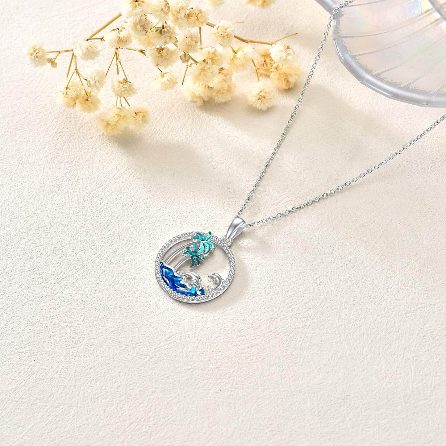PROESS Collar de plata de ley S925 con diseño de playa y delfín, pi...