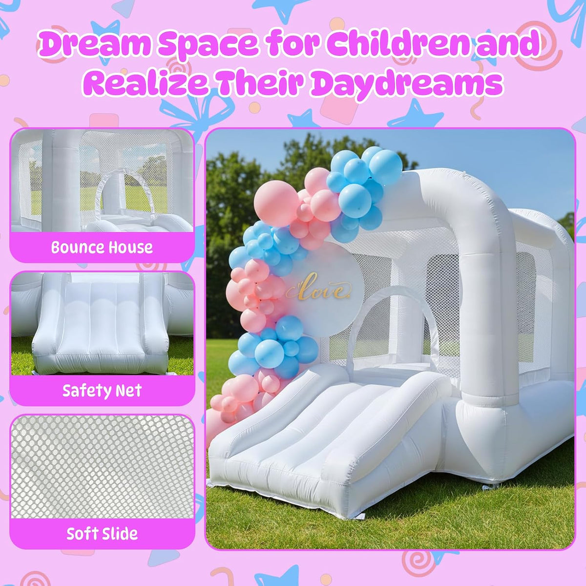 Casa hinchable blanca con tobogán, castillo hinchable para 3-6 niño...
