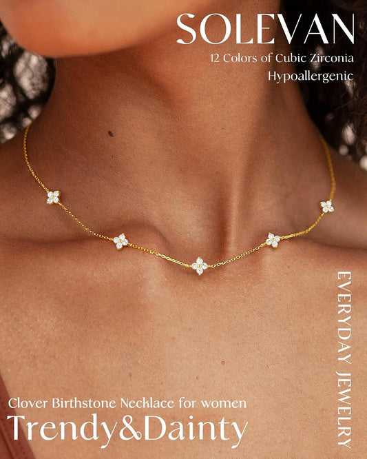 SOLEVAN Collares delicados de trébol con piedra de nacimiento en or...