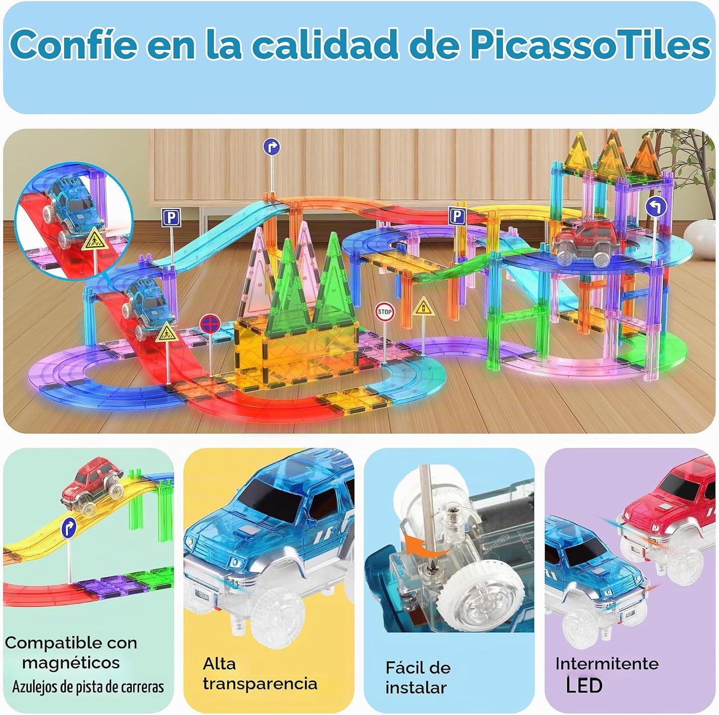 PicassoTiles Juego de 2 autos magnéticos de juguete altamente detal...