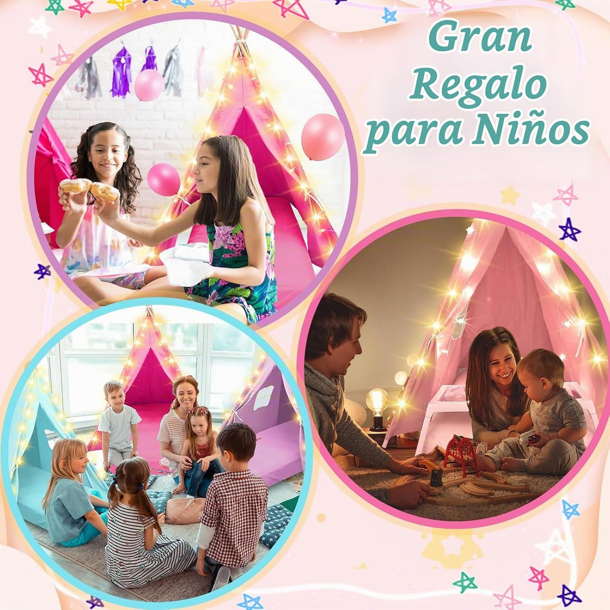 Lemosae Paquete de 4 Carpas Tipi para Niños Fiesta de Pijamas con C...