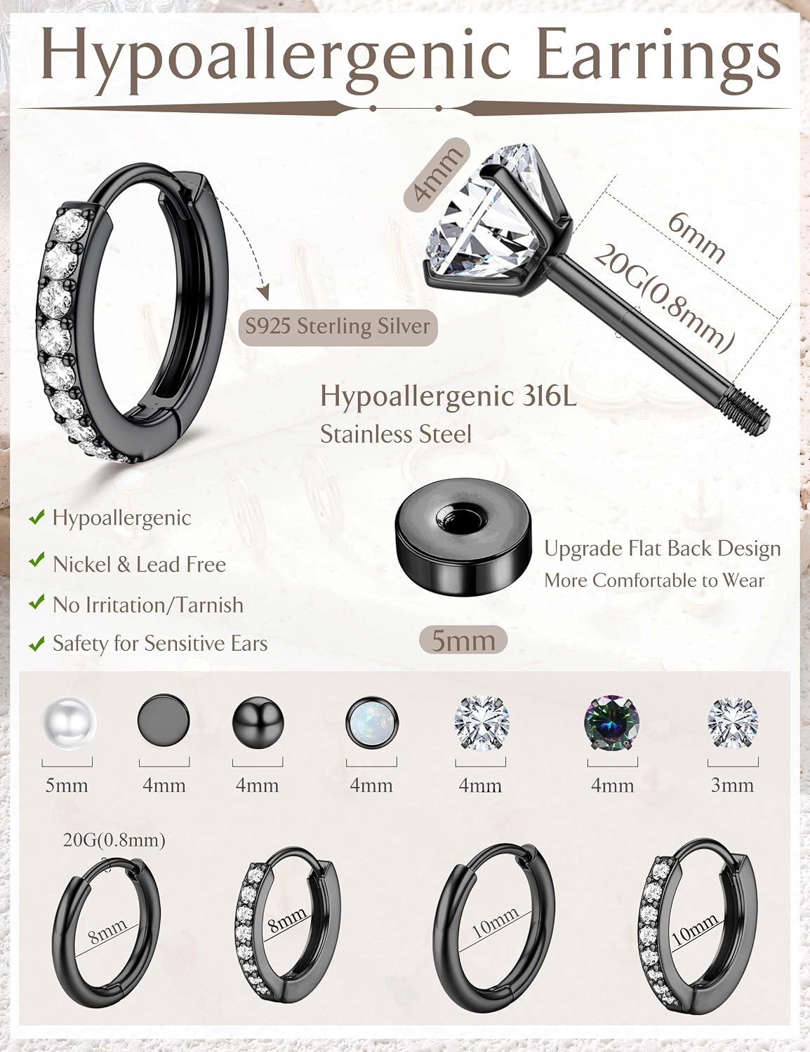 Jstyle Aretes de tuerca con aro hipoalergénicos para mujer, pequeño...