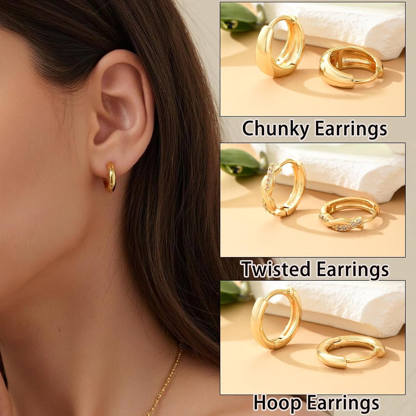 Juego de 9 pares de aretes pequeños tipo aro huggie de oro\/plata p...