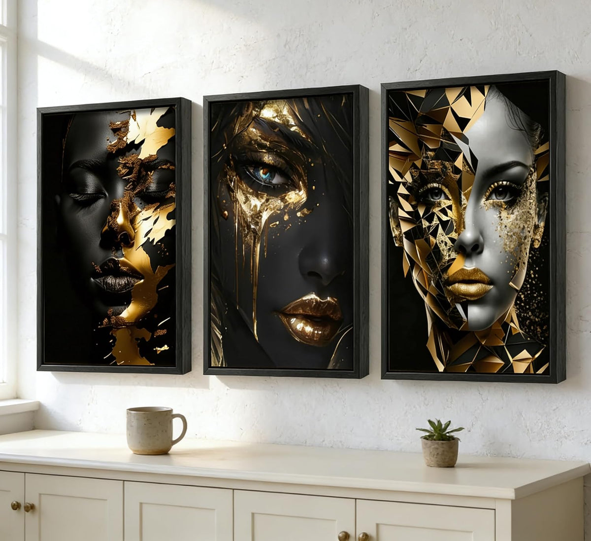 Lienzo abstracto enmarcado negro con cara de mujer negra, arte de p...