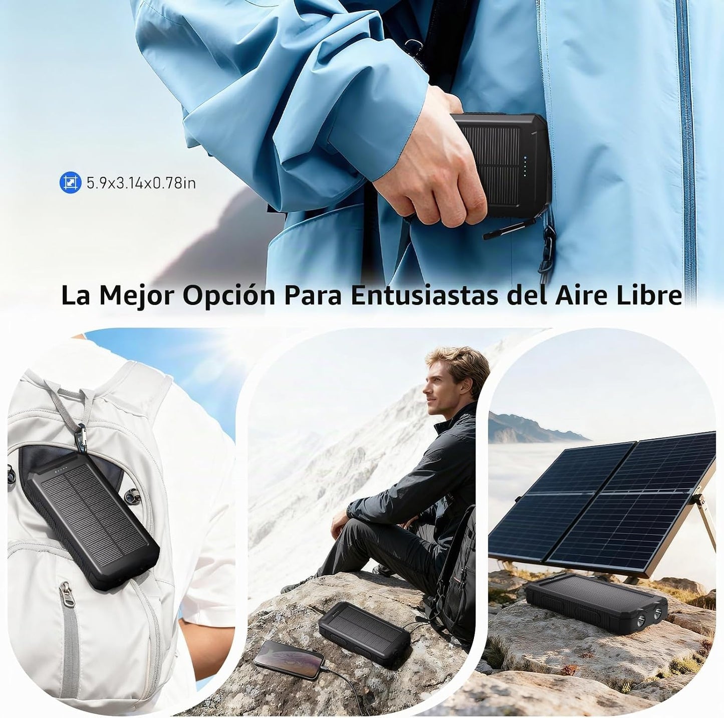 Cargador solar de 20,000 mAh, cargador portátil, 4 cables, 3 puerto...
