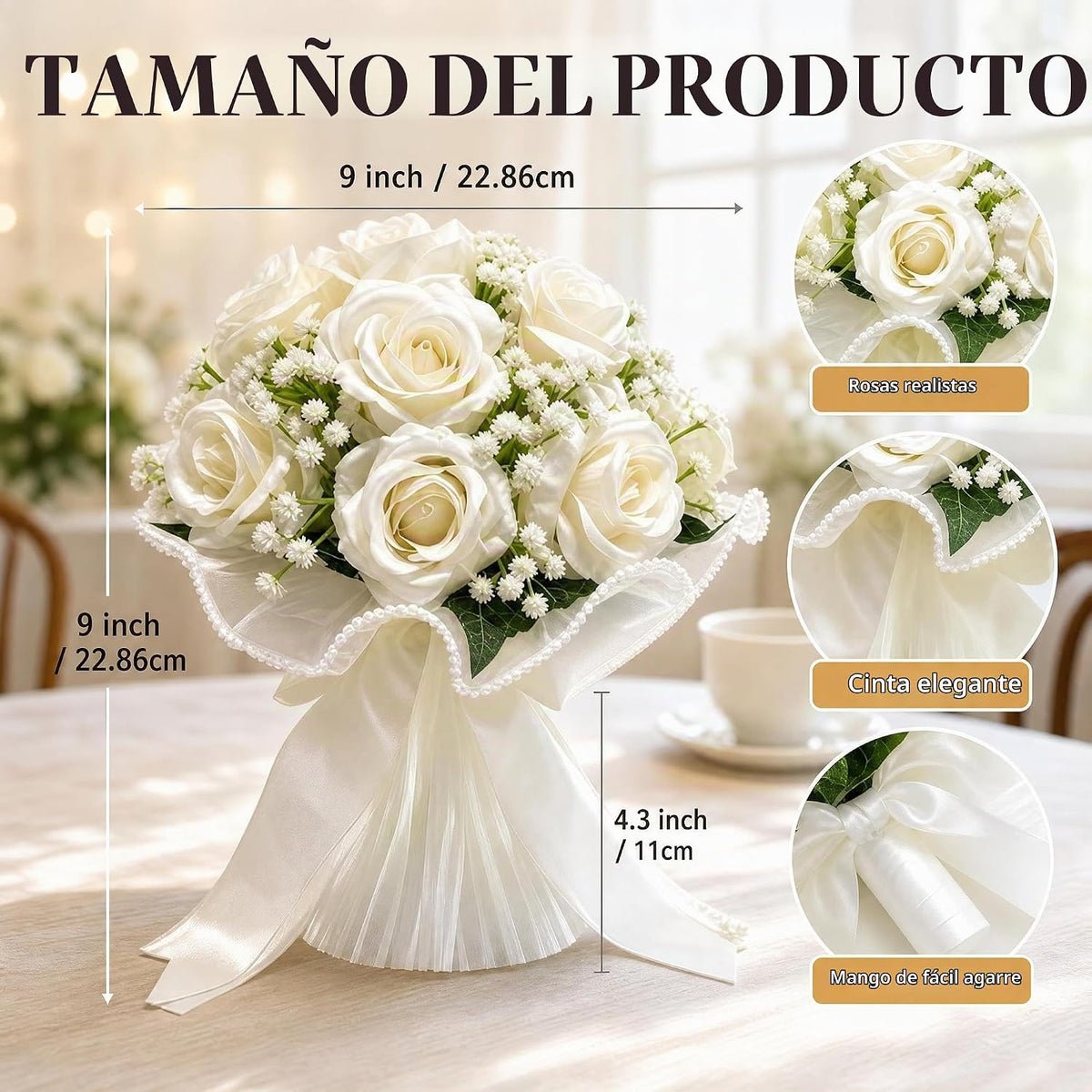 LYGIV Ramo de boda de 16 rosas artificiales de color blanco marfil...
