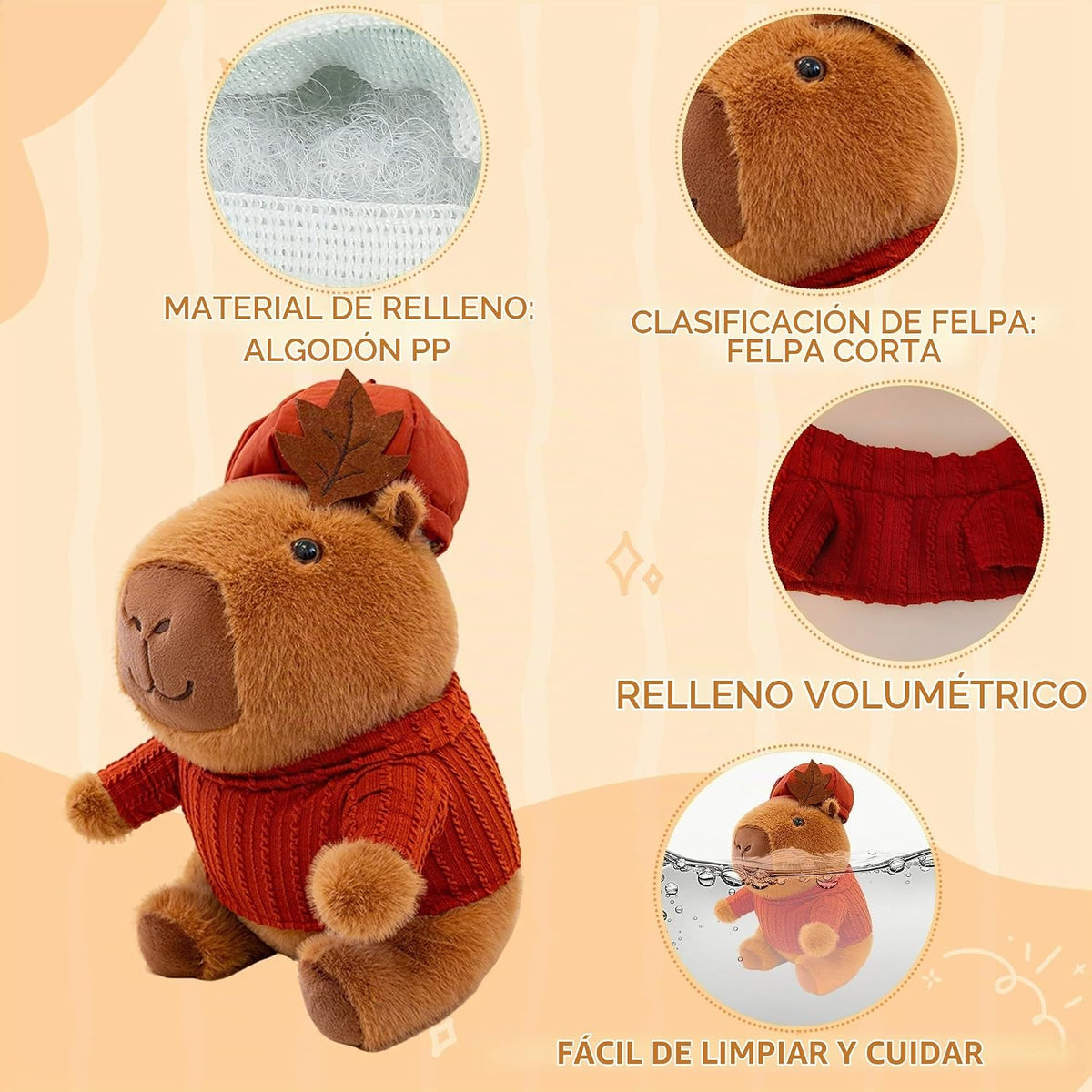 Capybara - Lindo animal de peluche kawaii con sombrero de ropa roja...