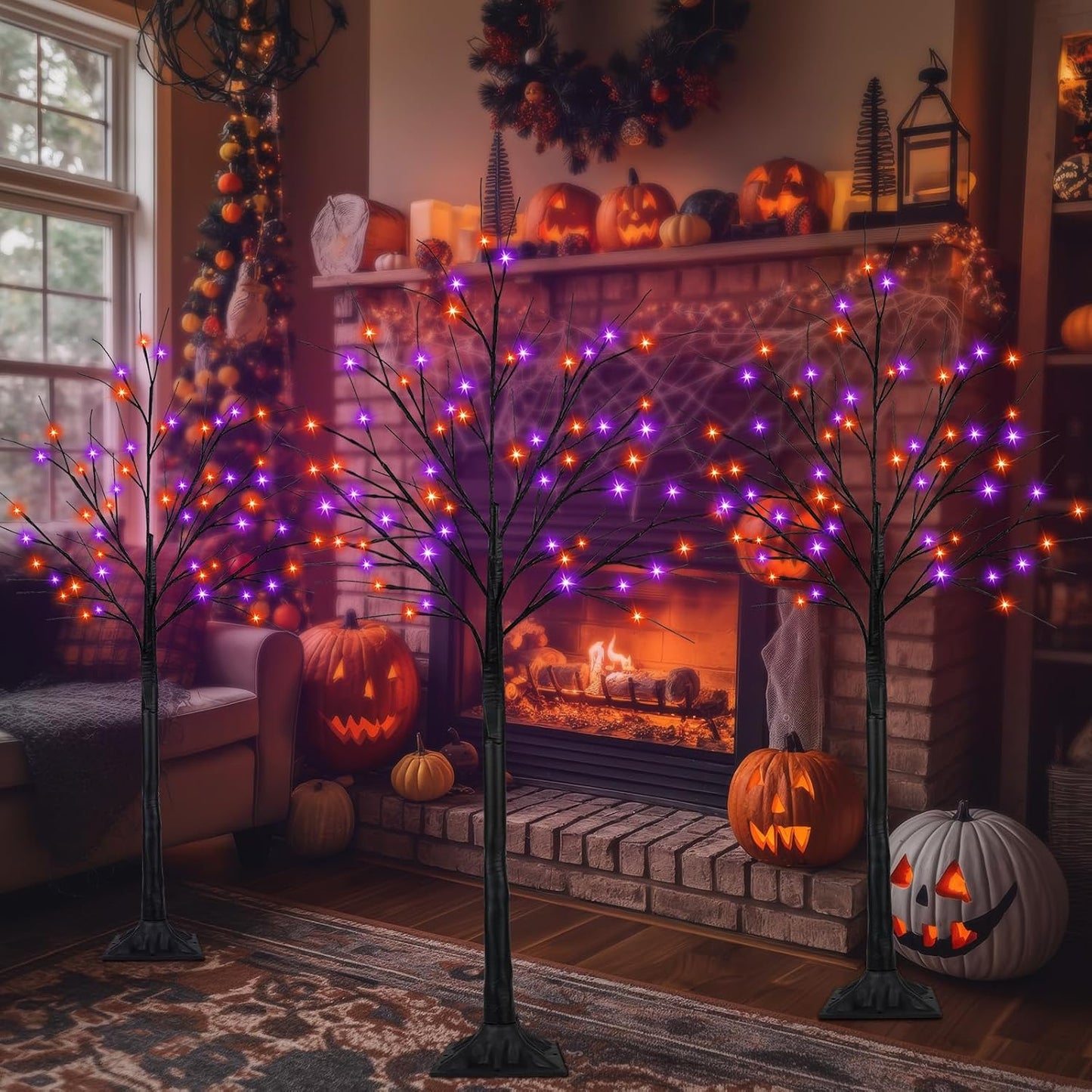 Paquete de 3 árboles de Halloween negros iluminados de 4 pies, 5 pi...