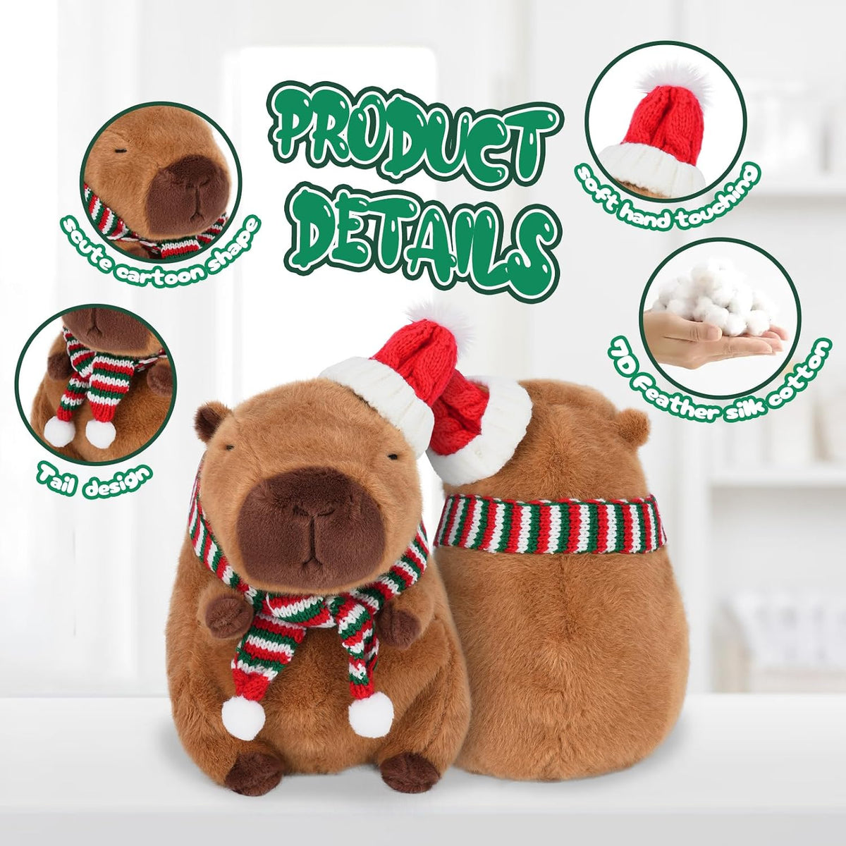 CHDBLOCK - Peluche navideño de capibara con gorro de Navidad, de 9...
