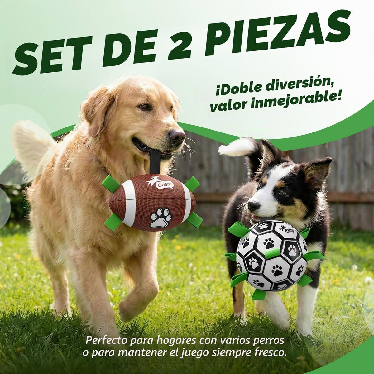 QDAN - Juego de 2 pelotas de fútbol para perros, juguete con correa...